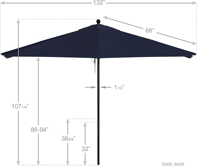 California Umbrella 11Ft Commercial Grade Market Umbrella, Pulley Lift, Aluminum/Fiberglass, 2mm pole wall, Black Frame, Solution Dyed Navy Fabric
