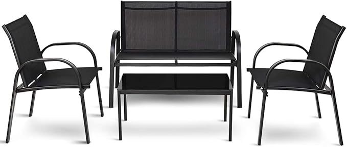 Tangkula 4 Pieces Patio Furniture Set, Metal Frame Heavy Duty Outdoor Conversation Set, Includes Glass Top Coffee Table, 2 Armrest Chairs and Loveseat, Suitable for Lawn Garden Porch Balcony Backyard