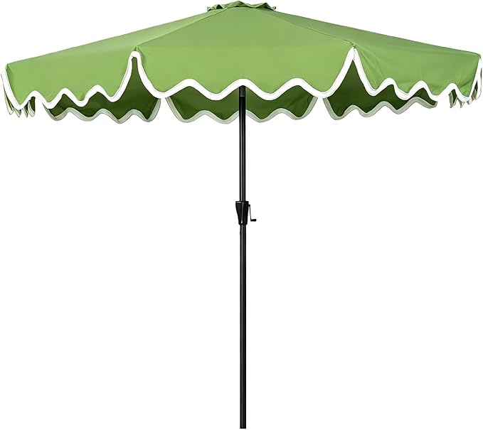 Tempera 9FT Scalloped Tassel Patio Umbrella, Outdoor Market Umbrellas with 8 Sturdy Ribs with Crank & Pust Button Tilt,Fade Resistant Canopy