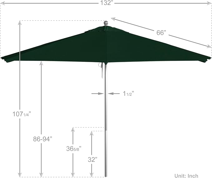 California Umbrella 11Ft Commercial Grade Sunbrella Fabric Market Umbrella, Pulley Lift, Aluminum/Fiberglass, 2mm pole wall, Silver Frame, Forest Green Fabric