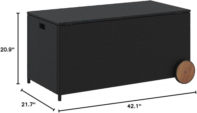Wicker Outdoor Deck Box with Wheels, 50.2 Gal Outdoor Storage Box with Lid, PE Rattan Storage Container for Pillows, Cushions, Gardening Tools, 42.1"x21.7"x19.7"/20.9" Black