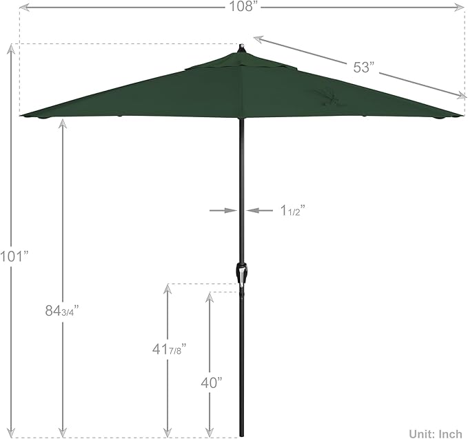 California Umbrella 12-Year Protection 9' Rd Aluminum Patio Umbrella, Crank Lift, Auto Tilt, Black Finish, Sunbrella Forest Green