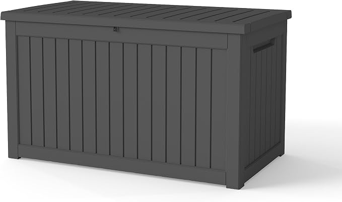 LAUSAINT HOME 240 Gallon Giant Resin Deck Box with Hydraulic Pistons - Waterproof Outdoor Storage Bench for Large Cushions, Lockable Patio Bin for Pool and Backyard (Black)