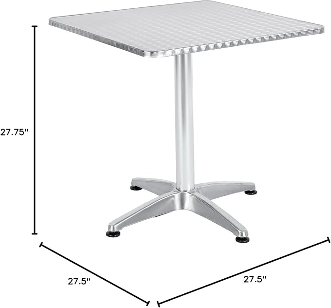 BTEXPERT Indoor Outdoor 27.5" Square Restaurant Table for Patio Stainless Steel Silver Aluminum Furniture with Base Set of 3