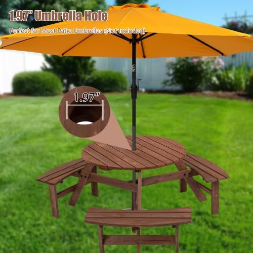 anwickjeff 6-Person Picnic Table and Chairs Set, Outdoor Round Wooden Patio Tables with DIY w/3 Built-in Benches & Umbrella Hole, 1720lbLBS Total Capacity for Patios, Backyard (Brown, 6-Person)