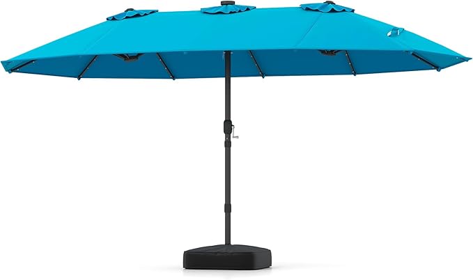 Tangkula 15 FT Double-Sided Patio Umbrella with 48 Solar LED Lights & Base Included, Heavy-Duty 12 Ribs, Extra Large Market Umbrella, Sun-Protective Vented Canopy, Crank Handle for Pool Yard