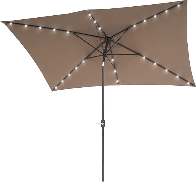 Rectangle Patio Umbrella with Solar Lights, 10 x 6.5ft Rectangular Outdoor Umbrella Table Market Patio Umbrella with Push Button Tilt and Crank for Garden, Deck, Backyard, Pool