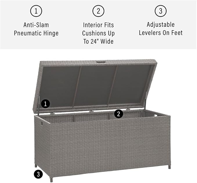 Pemberly Row Coastal Wicker/Rattan Patio Deck Box, Weathered Gray Finish, 52 in Wide, Durable Steel Frame with Resin Wicker, Oversize Outdoor Storage Chest for Cushions and Garden Essentials