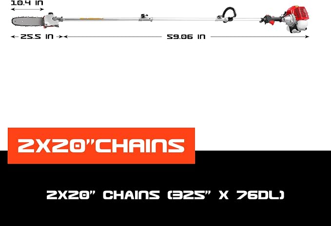 Homdox 58CC Gas Pole Saw, 2-Cycle Gas Powered Tree Trimmer with 11.5" Guide Bar, 16FT Reach Extension Pole Saw for Tree Trimming & Pruning, Includes 2 Chains, 2 Spark Plugs & Shoulder Strap, Red