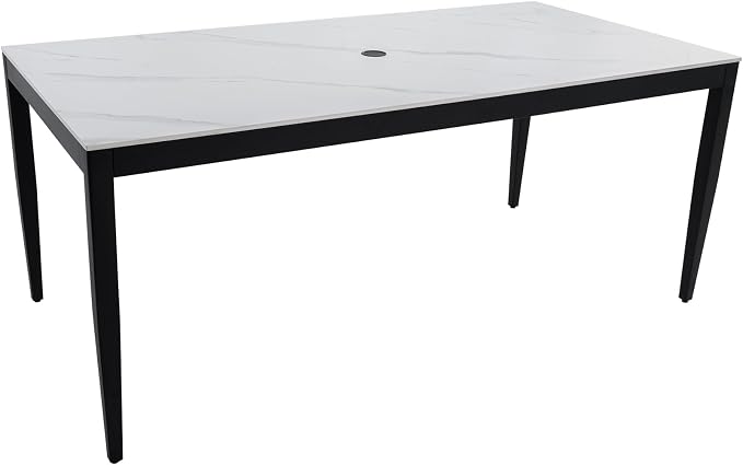 Luxury Outdoor Aluminum Dining Table for 6-8, Rectangular Patio Table with White Marble Pattern Sintered Stone Top, Post Tapered Legs for Garden, Lawn, Weatherproof & Rust-Free
