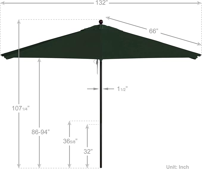 California Umbrella 11Ft Commercial Grade Sunbrella Fabric Market Umbrella, Pulley Lift, Aluminum/Fiberglass, 2mm pole wall, Bronze Frame, Forest Green Fabric