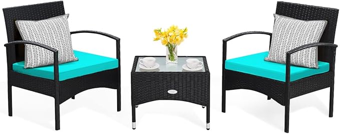 Tangkula 3 Pieces Patio Wicker Rattan Furniture Set, Rattan Chair with Coffee Table, High Load Bearing Chair Conversation Sets for Patio Garden Lawn Backyard Pool