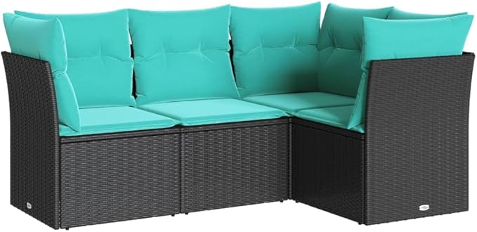 4 Piece Patio Sofa Set with Cushions, Outdoor Sofa Sets Outdoor Dining Sets Patio Conversation Set Sectional Sofa for Piazza Negotiation Area Exhibition Poolside Black Poly Rattan