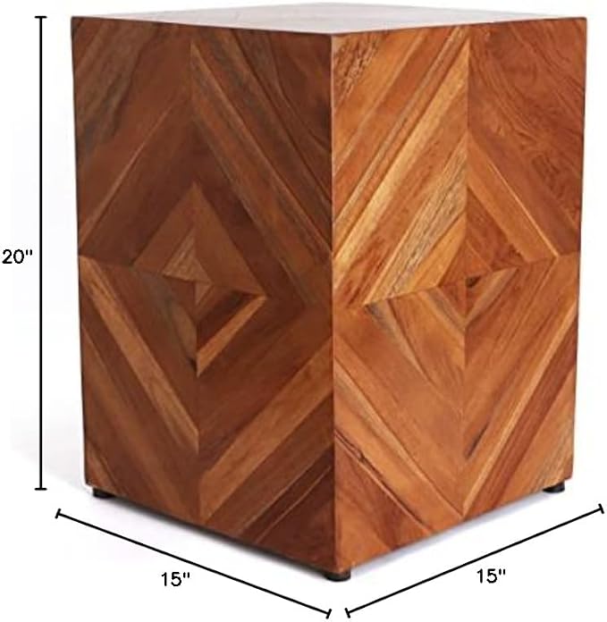 Teak Garden Stool - Farmhouse End Table - Barn Door Wooden Stool - Rustic Farmhouse Side/Patio Table - Indoor Outdoor Stool (Zen), Brown
