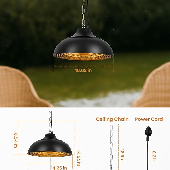1500W Electric Hanging Patio Heater, 3S Instant Heat, Ceiling-Mounted Outdoor Heater with 3 Modes, Quiet Operation, Overheat Protection, IP55 Waterproof for Patio, Balcony & Garage