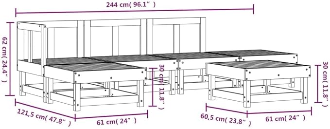 6 Piece Patio Lounge Set White Solid Pine Wood Outdoor Furniture, Modular Garden Conversation Set with Ottoman Coffee Tables for Small Patio Balcony Porch