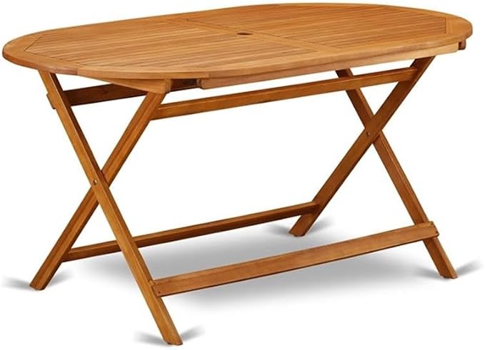 Pemberly Row Contemporary 7-Piece Patio Dining Set, Natural Oil Finish, Oval Table 59"L and 6 Foldable Chairs, Lightweight and Easy to Store, Outdoor Dining and Lounging Furniture for Patio or Garden