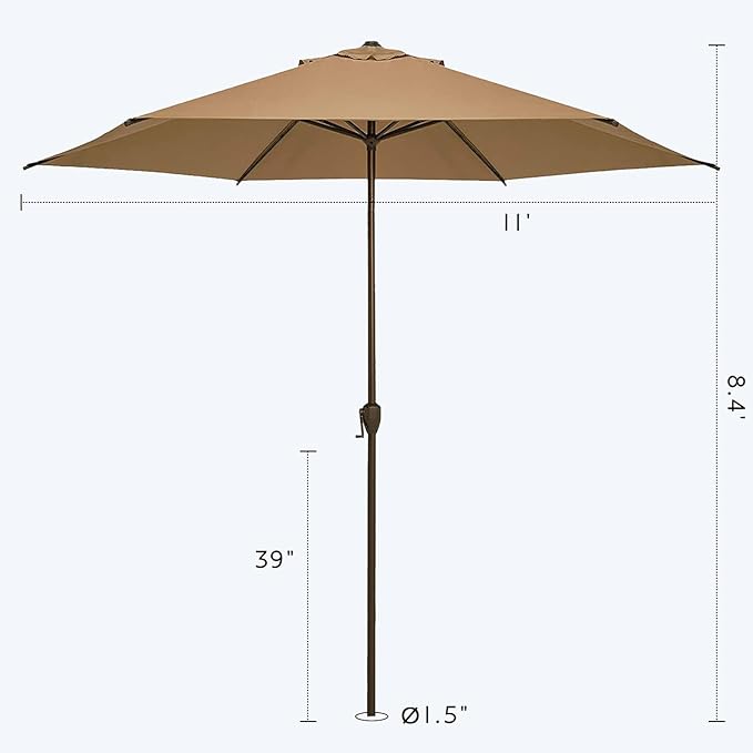 Abba Patio 11FT Outdoor Patio Umbrella Outdoor Table Umbrella with Crank Market Umbrella 6 Sturdy Ribs UV Protection Waterproof and Push Button Tilt for Garden Deck Backyard Pool,Tan