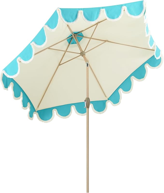 Tempera 9ft Scalloped Beige Spliced Blue Patio Umbrellas with Fringe, Market Umbrellas with Water-Resistant and Fade Resistant Canopy, 1.5" Wood Pole & Button Tilt
