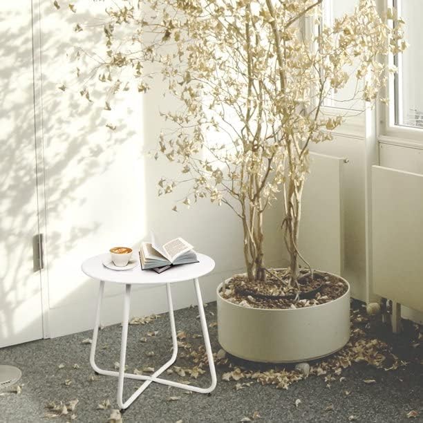 Side Table Anti-Rust Metal Outdoor End Table, Small Round Tables for Garden Balcony Yard, White