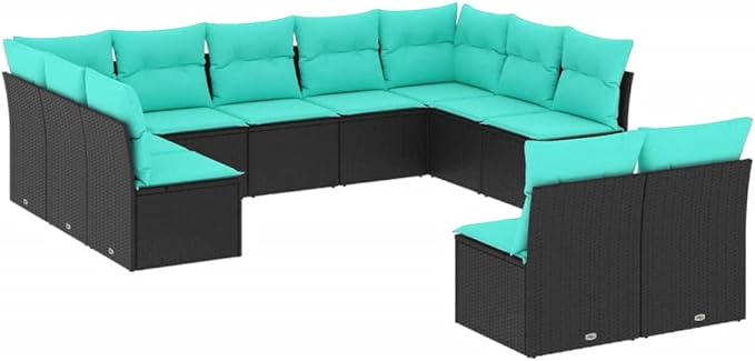 11 Piece Patio Sofa Set with Cushions, Patio Conversation Set Outdoor Sofa Sets Porch Furniture Set Front Porch Furniture for Garden Piazza Exhibition Negotiation Area Black Poly Rattan
