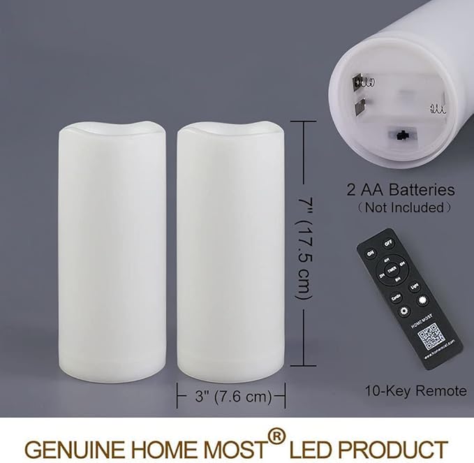 Pack of 2 Outdoor LED Pillar Candles 3x7 White with Timer and Remote - IP65 Waterproof Battery Operated LED Pillar Candles - Flickering Flameless Candle Unscented for Outside