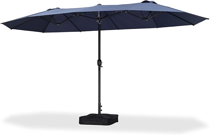 PURPLE LEAF 14ft Patio Market Umbrella with Base Double-Sided Rectangle Outdoor Table Sun Umbrellas with Crank 12 Heavy Duty Sturdy Ribs for Pool Beach Deck Backyard Navy Blue