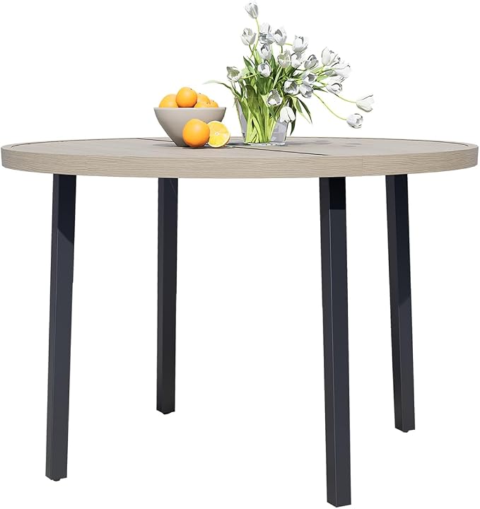 All-Weather 42" Round Outdoor Patio Table for 4, Metal Ivory Dining Table with Adjustable Umbrella Hole, Garden, Backyard & Deck Bistro Table