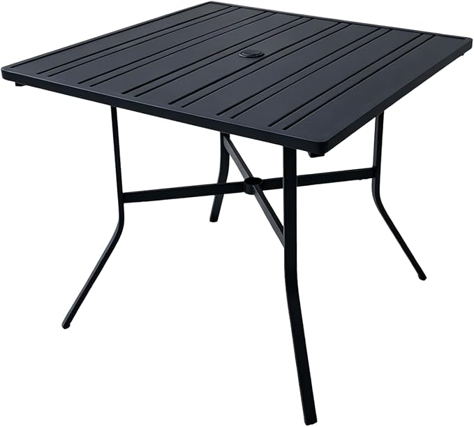 4-Person Small Metal Square Table for Outdoor Patio, Sturdy Backyard Dining Table with Slatted Top & Umbrella Hole, Modern Weatherproof Table for Lawn, Poolside & Balcony