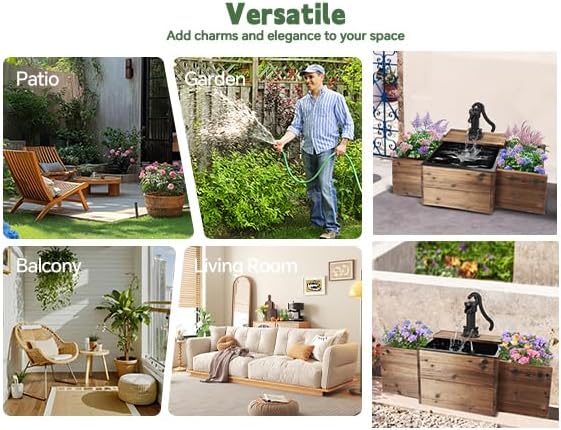 OIPRTGFJ Outdoor Water Fountain,Floor Wooden Pump Old-Fashioned Fountain with Flower Box,Solar Decorative Hand Pump, Outdoor Water Feature for Garden Patio Backyard (Solar Rectangular Pump)