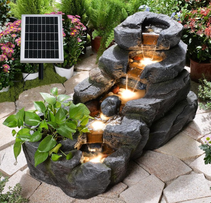 Solar Water Fountain Outdoor, 38 "L Rock Waterfall Fountains Solar Powered Floor Standing Outdoor Water Feature with LED Lights for Patio, Garden,Porch, Yard, Home Art Decor(Grey)