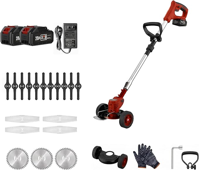 FIREHELP-20V Max Brushless String Trimmer Edger with Dual Batteries, Adjustable Telescopic Shaft, 3 Mode Cutting (Trimmer/Edger/Mower) (Wine Red + Wheel Kit)