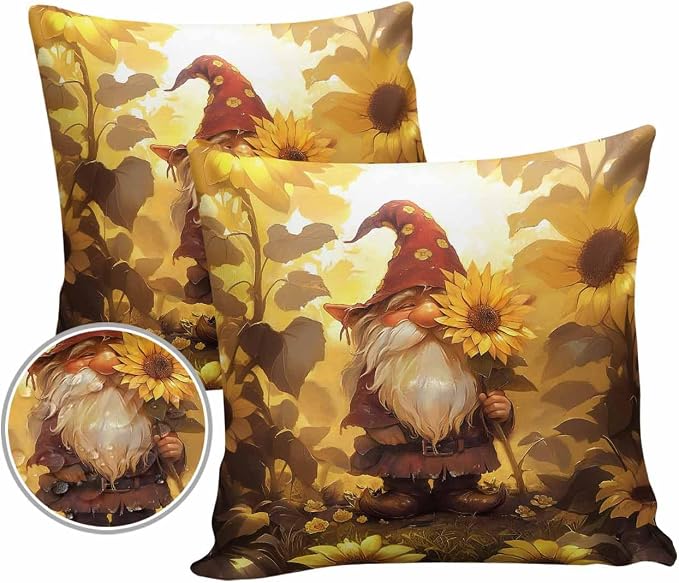 Outdoor Waterproof Throw Pillow Covers 24x24in, Vintage Gnome Sunflowers Cushions for Garden Patio Furniture Chairs Set of 2, Fall Thanksgiving Home Decor Couch Sofa Polyester Pillow Cases