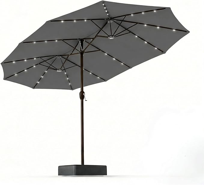 15FT Patio Umbrella with Solar Lights, Double-Sided Extra Large Outdoor Table Umbrella with Base Included, Heavy-Duty 12 Iron Ribs Market Umbrella for Garden, Pool, Backyard, Gray