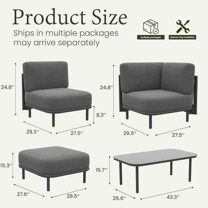 LayinSun 9 Pieces Patio Furniture Set with Coffee Table, Modern Outdoor Modular Sectional Conversation Set L-Shaped Sofa with 7-inch Cushion for Garden Backyard Deck