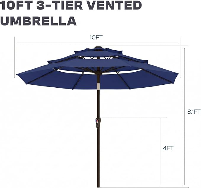 10ft 3 Tier Patio Umbrella, Outdoor Market Table Umbrella with UPF 50+ Vented Canopy, 8 Sturdy Ribs, Easy Push Button Tilt and Crank, Windproof for Deck, Pool, Backyard and Garden