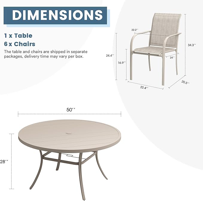 DIFY Patio Dining Set for 6, 7 Piece Outdoor Table and Chairs Set, 50" Round Metal Patio Dining Table and 6 Textilene Stackable Patio Chairs, for Backyard Garden Poolside, Sandshell