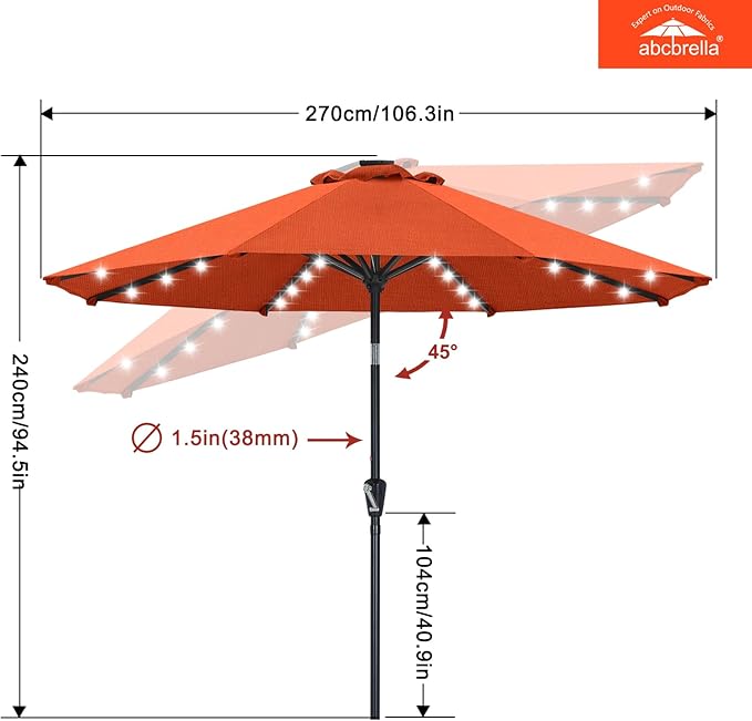 ABCCANOPY OLEFIN® 5-Year No Fading Patio Umbrella with Solar Lights (Orange)
