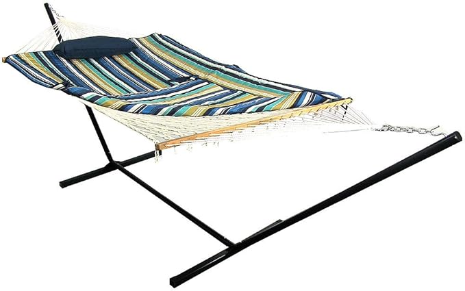 Sunnydaze Rope Hammock with Stand for Outside- 275-Pound Capacity - Includes 12-Foot Hammock Stand, Spreader Bar, Pad, and Pillow - Lakeview