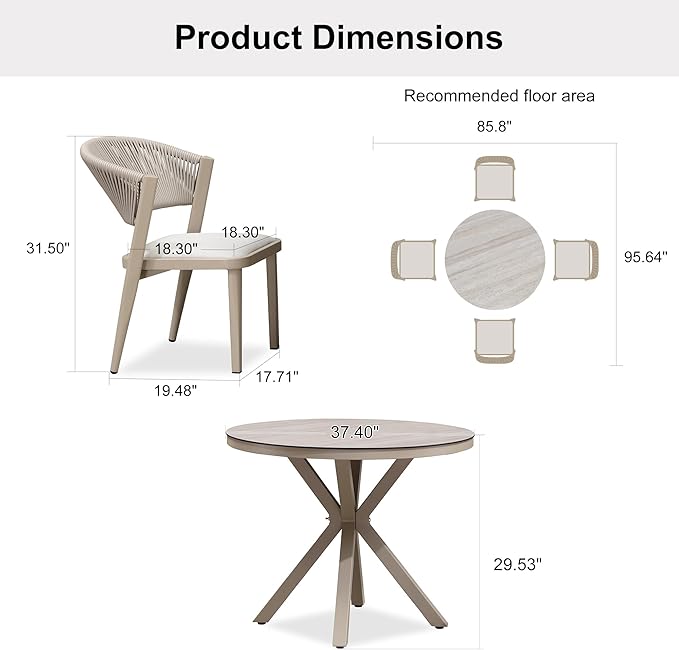 PURPLE LEAF 5 Pieces Round Dining Set Aluminum Frame and Wicker Rattan Patio Table and Chairs with Cushions for Garden Deck Outdoor Champagne