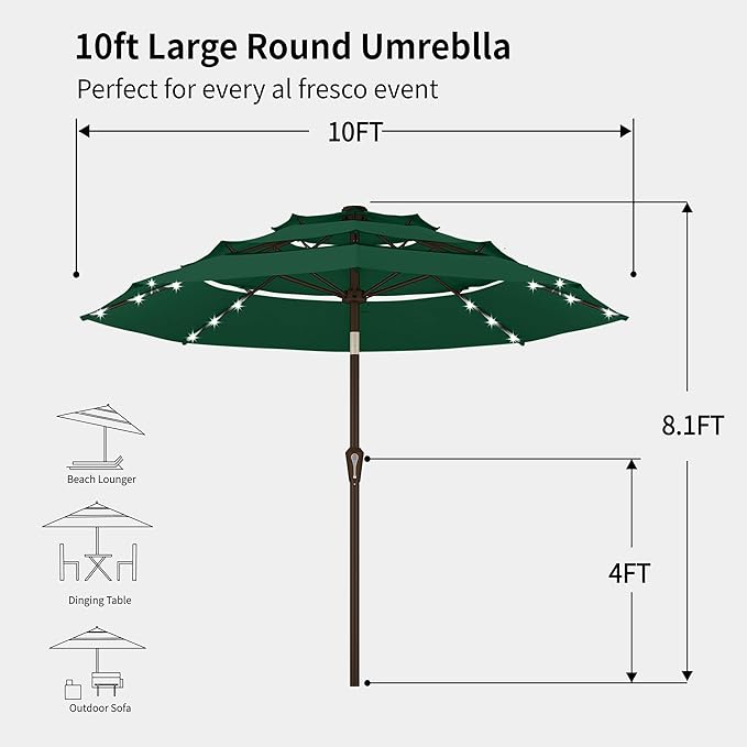 Kingdura 10ft 3-Tier Patio Umbrella with Solar Lights, Table Umbrella Outdoor Patio with Easy Crank & Tilt, 8 Sturdy Ribs, UV Protection, 32 LED Lights for Deck, Poolside, Market (Dark green)