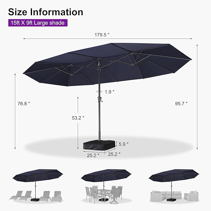 PURPLE LEAF 15ft Patio Umbrella with Base Included Double-Sided Rectangle Outdoor Umbrella Market Table Umbrella with Crank for Pool Garden Deck, Navy blue