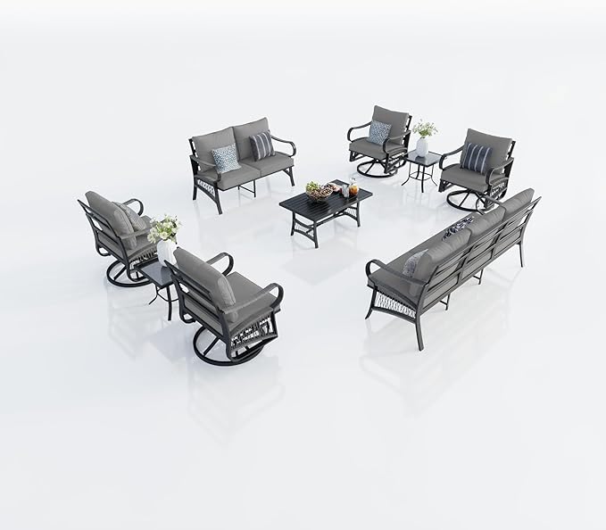 9 Pieces Patio Conversation Sets, All-Weather Metal Swivel Rocking Chairs with Rope Furniture Set, Outdoor Sofa Couch for Deck, Porch, Garden, Backyard, Poolside (Gray Cushions)