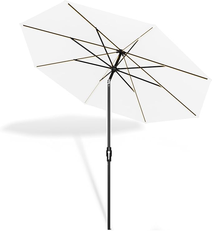 Midtown Umbrellas The LED Swilt 10 Feet Patio Umbrella With Terylast Ivory (White) Polyester Fabric - Auto-Tilt Aluminum Frame With LED Lights For Backyard, Deck, Garden, Pool - Black Pole