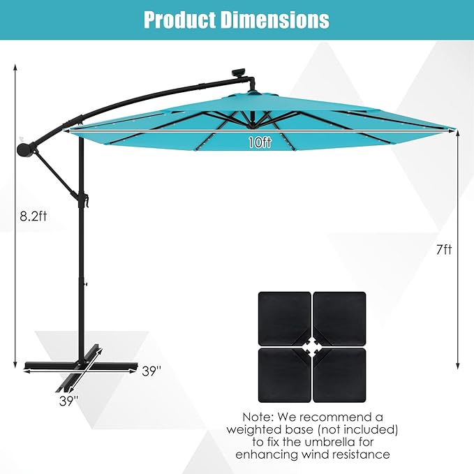 Tangkula 10 Ft Patio Offset Umbrella, 40 LED Lighted Market Umbrella W/8 Sturdy Ribs, Easy Tilt Adjustment & Crank, Polyester Shade, Ideal for Backyard, Garden, Seaside, Store, Pool (Turquoise)