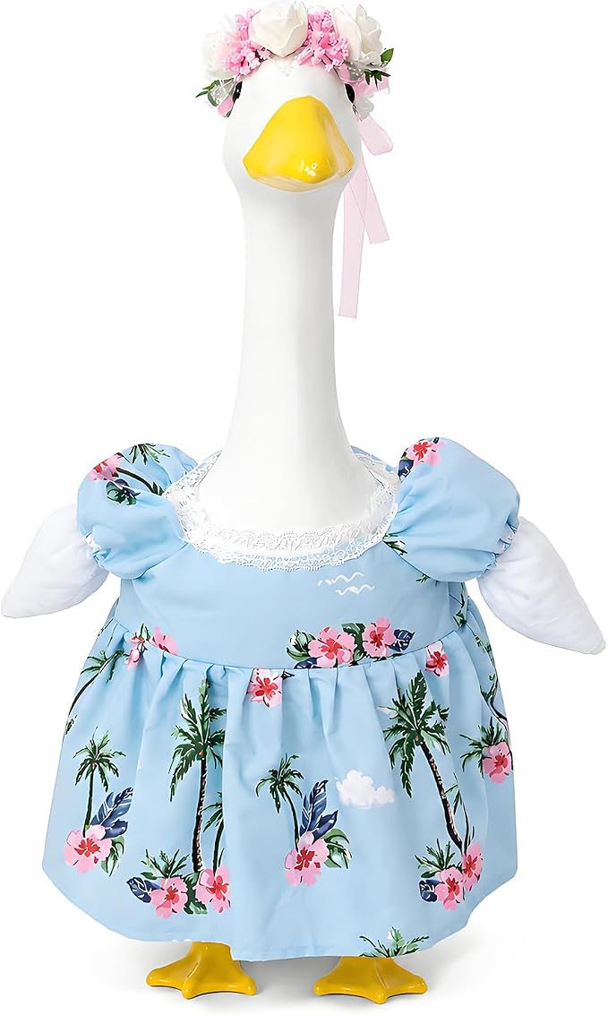 Funny 2 Pack Hawaiian Porch Goose Outfit for 17/23 Inch Lawn Geese Statue, Tropical Palm Floral Summer Dress & Flower Lei Headband Set, Aloha Style Goose Costume for Outdoor Yard Patio Garden Décor