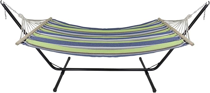 Northlight 32816522 Lime Green and Royal Blue 55" x 78" Stripe Poly Cotton Hammock with Wooden Bars and Tassels