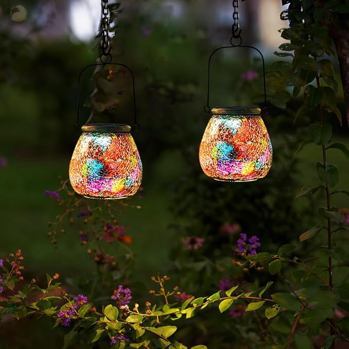Stargarden 2 Pack Mosaic Solar Lantern ,Outdoor Hanging Waterproof Mosaic Light Solar Table Lamp for Garden ,Patio,Yard Decor (Red)