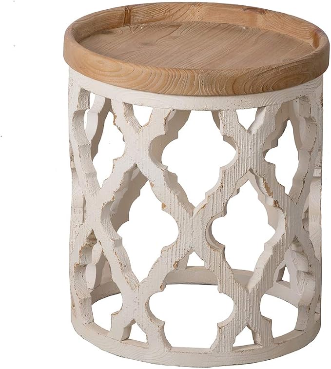 Patio Outdoor Round Side Table Rustic Farmhouse Circle End Table for Living Room Distressed White