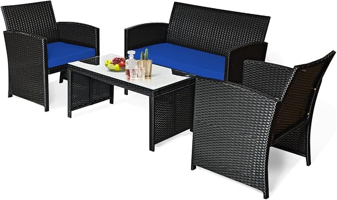 COSTWAY 4 Pieces Patio Rattan Furniture Set, Outdoor Wicker Conversation Set with Soft Cushions & Tempered Glass Coffee Table, Cushioned Chair Sofa for Backyard, Porch, Poolside, Lawn, Garden, Navy